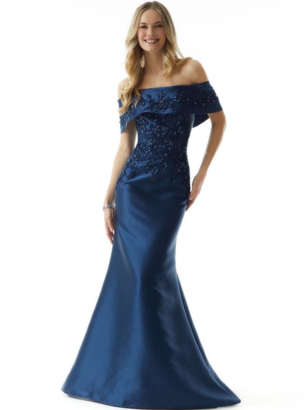 MGNY Fitted Satin Off Shoulder Formal Gown Beaded Floral Applique 73019